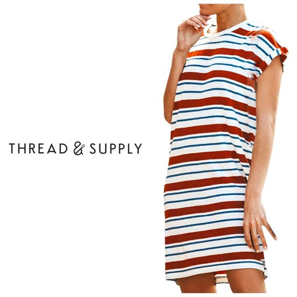 THREAD & SUPPLY Linen Burnt Orange Striped Dress - Picture 1 of 9